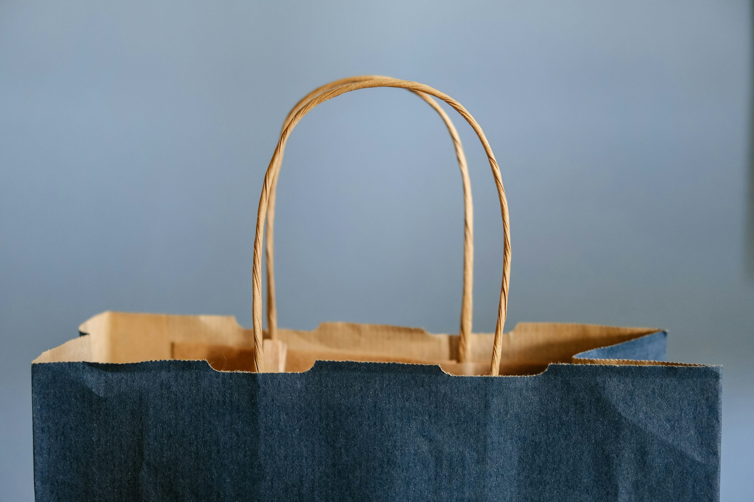 Haut d'un sac extérieur foncé et intérieur clair pour faire du shopping, devant fond bleu